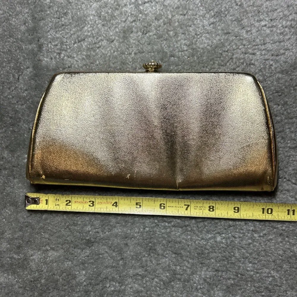 Vintage Gold Metallic Clutch Purse Evening Bag Chain Strap Satin Lined 50’s 60’s - Picture 16 of 16